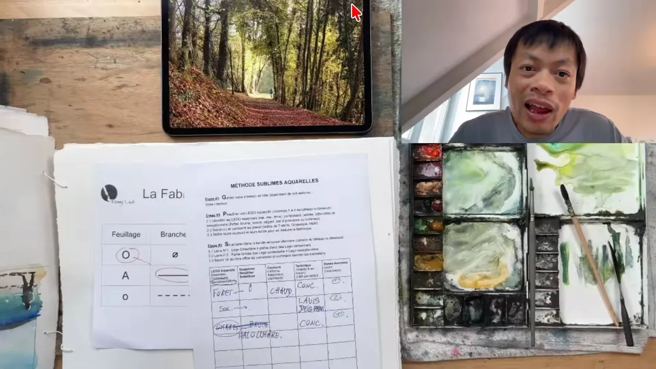 A student's forest photo on the tablet, used as my reference