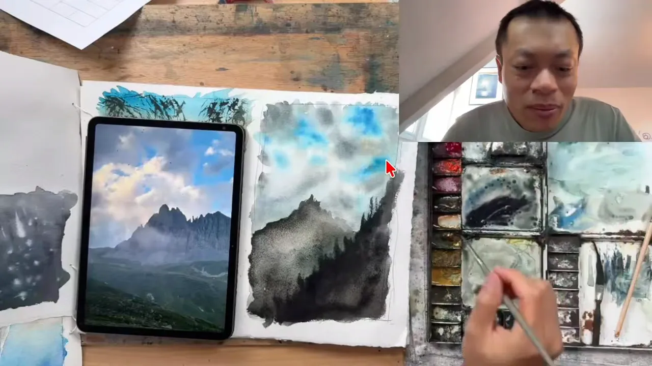 The mountain painted on the left to darken the foreground