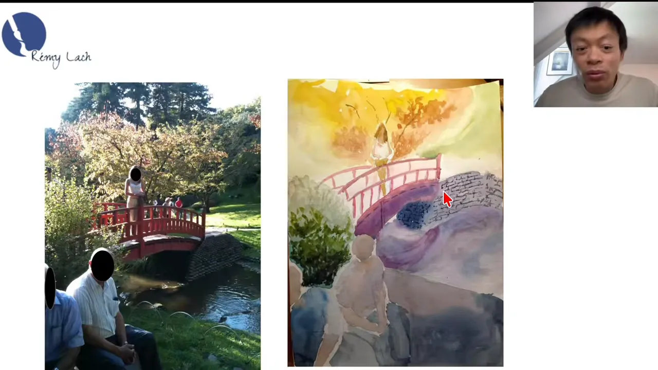 Photo d'un pont et aquarelle qui en copie tous les détails.