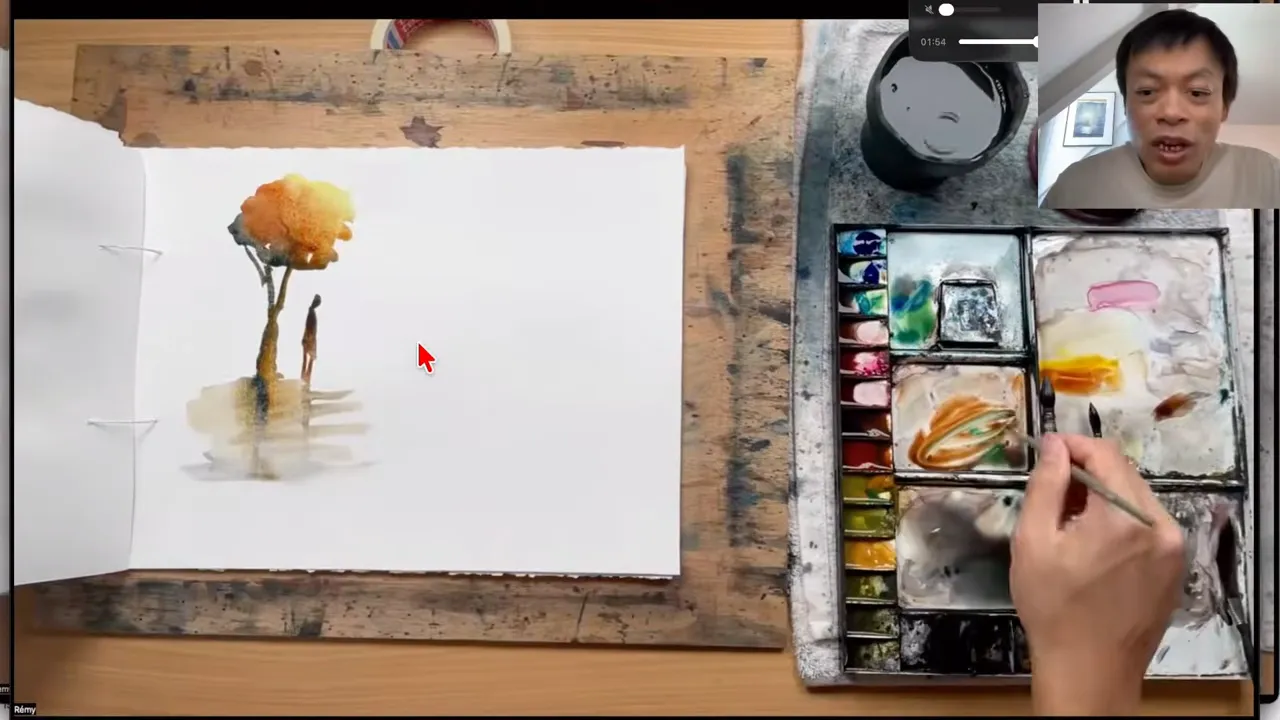 Un arbre et 2 personnages peints avec seulement 4 couleurs.