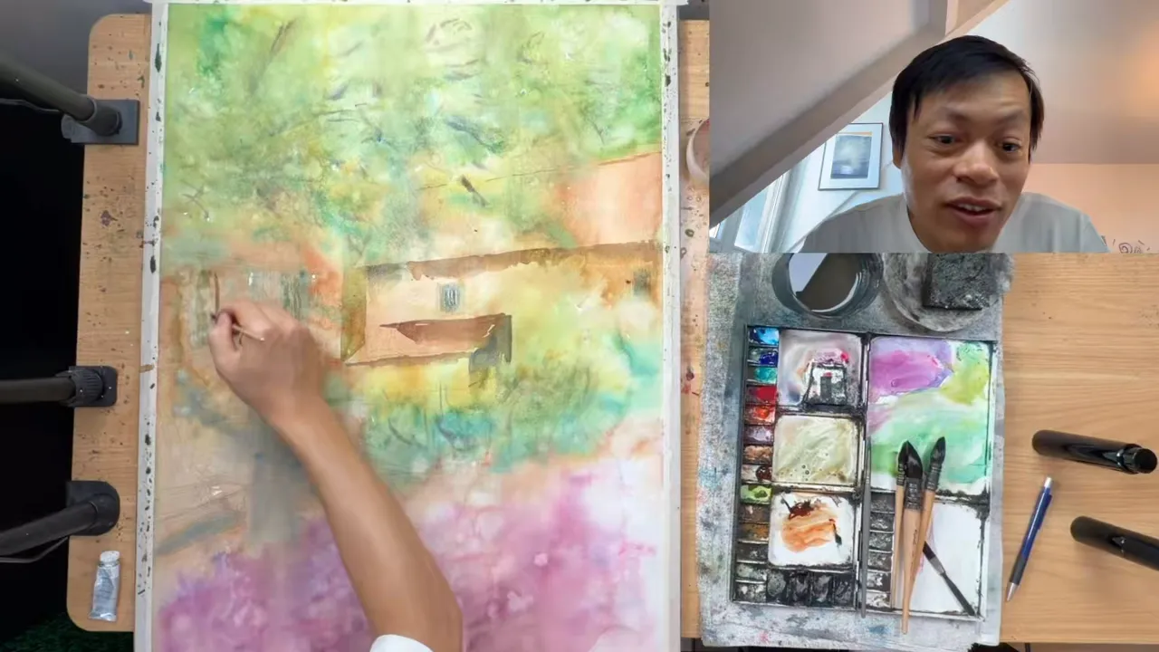 Painting the shadow under the roofs of the background houses.