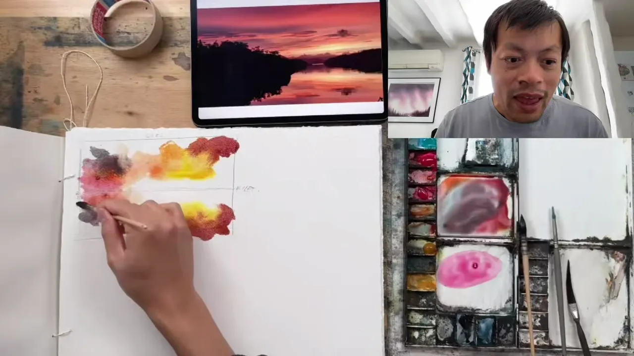 Yellow and orange pigment going into the sky and its reflection together