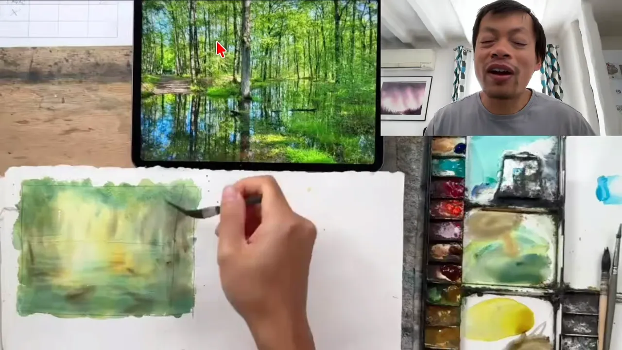 Forest painting done fast with the mirror technique, next to the reference photo