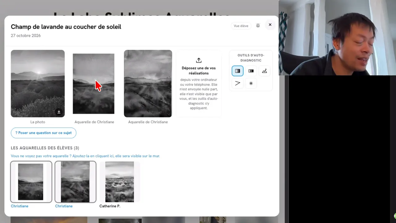 La photo et les aquarelles de Christiane passées en noir et blanc