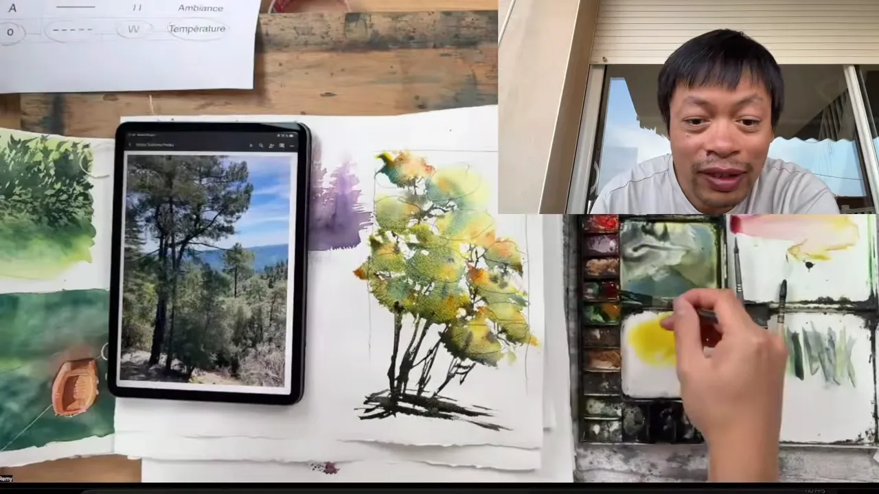 L'aquarelle d'arbre qui a bluffé les élèves, à côté de sa photo