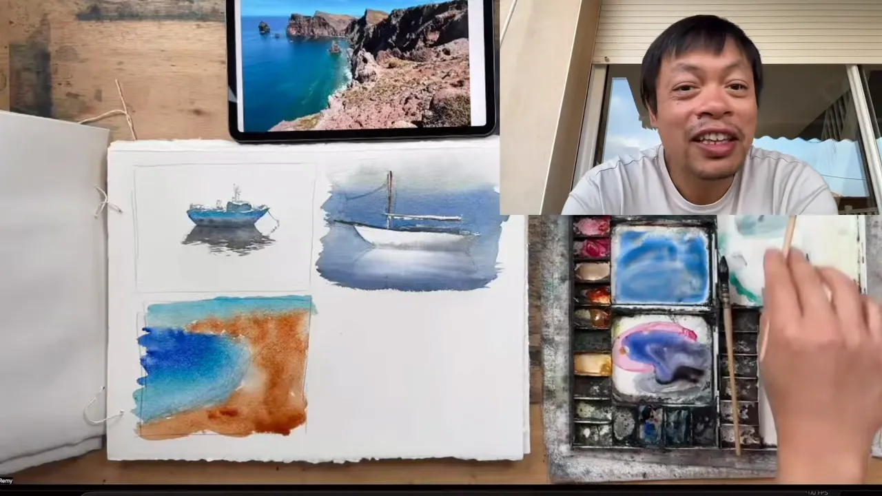 Bateaux et plage turquoise peints pendant l'atelier Sublime Mer