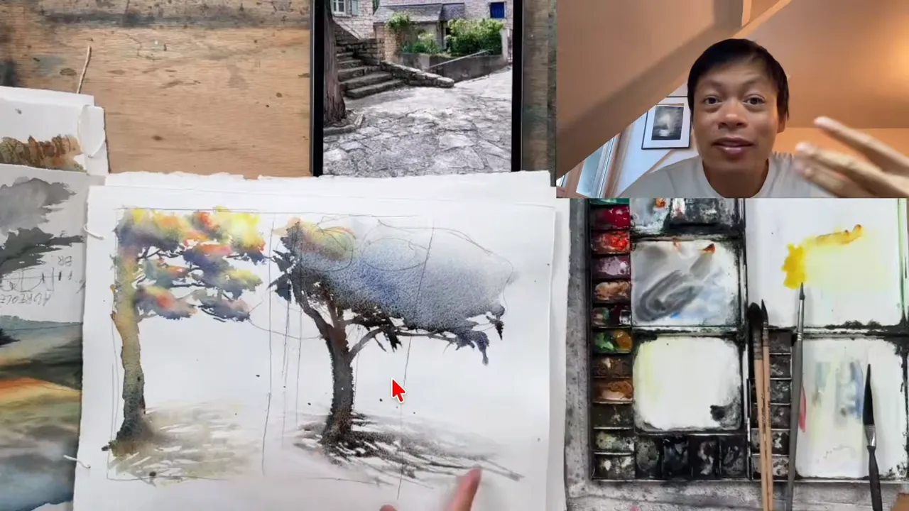 2 watercolor trees painted from the same reference photo