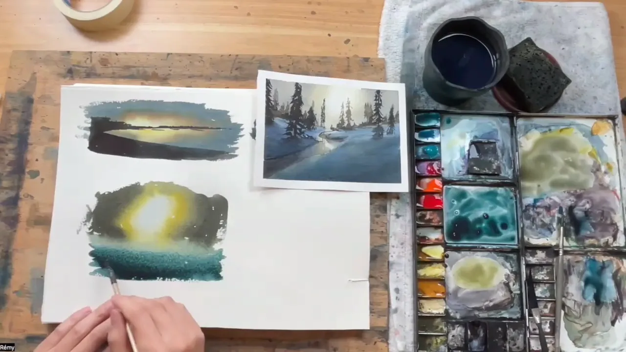 The blue graded wash goes down beneath the yellow and gray sky.