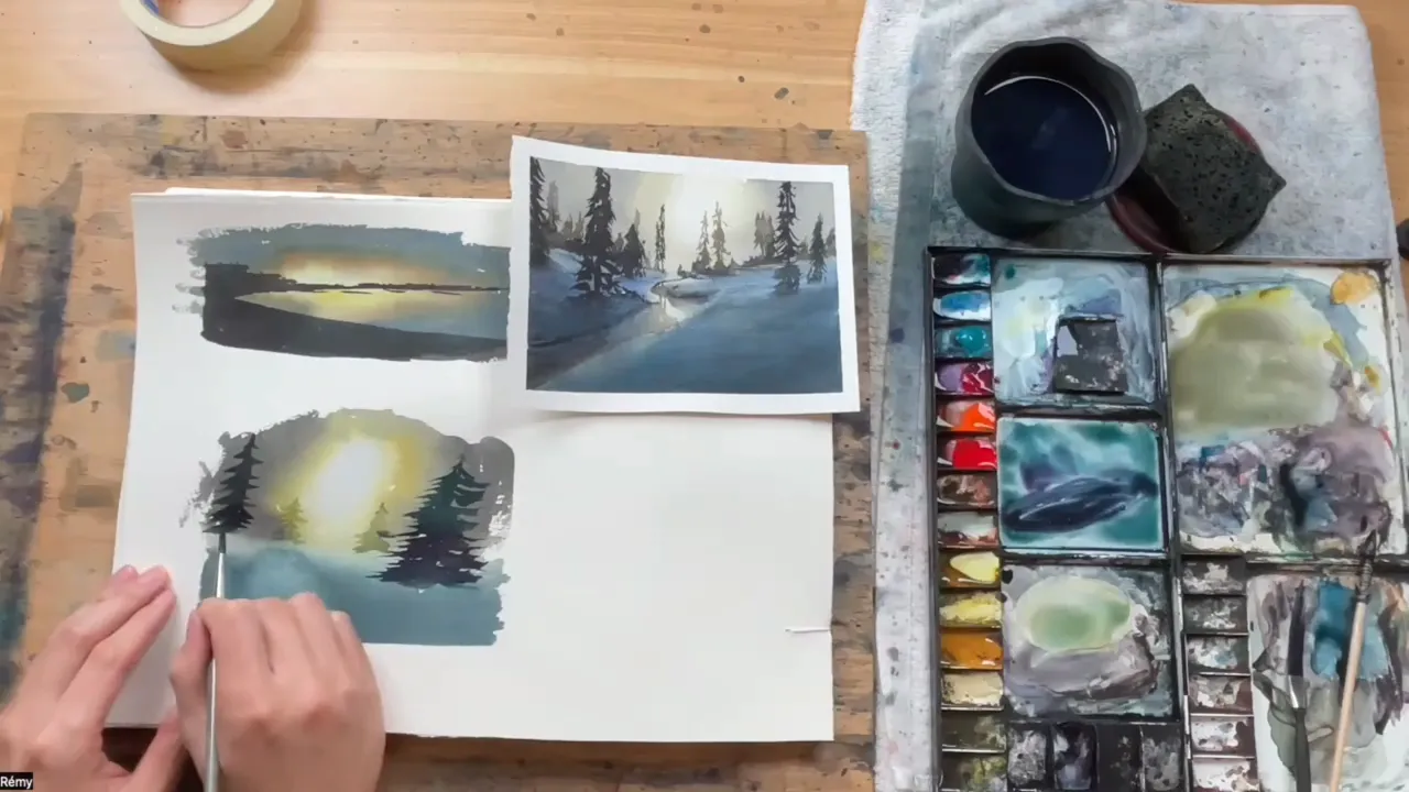 The synthetic brush adds another pine tree on the left.