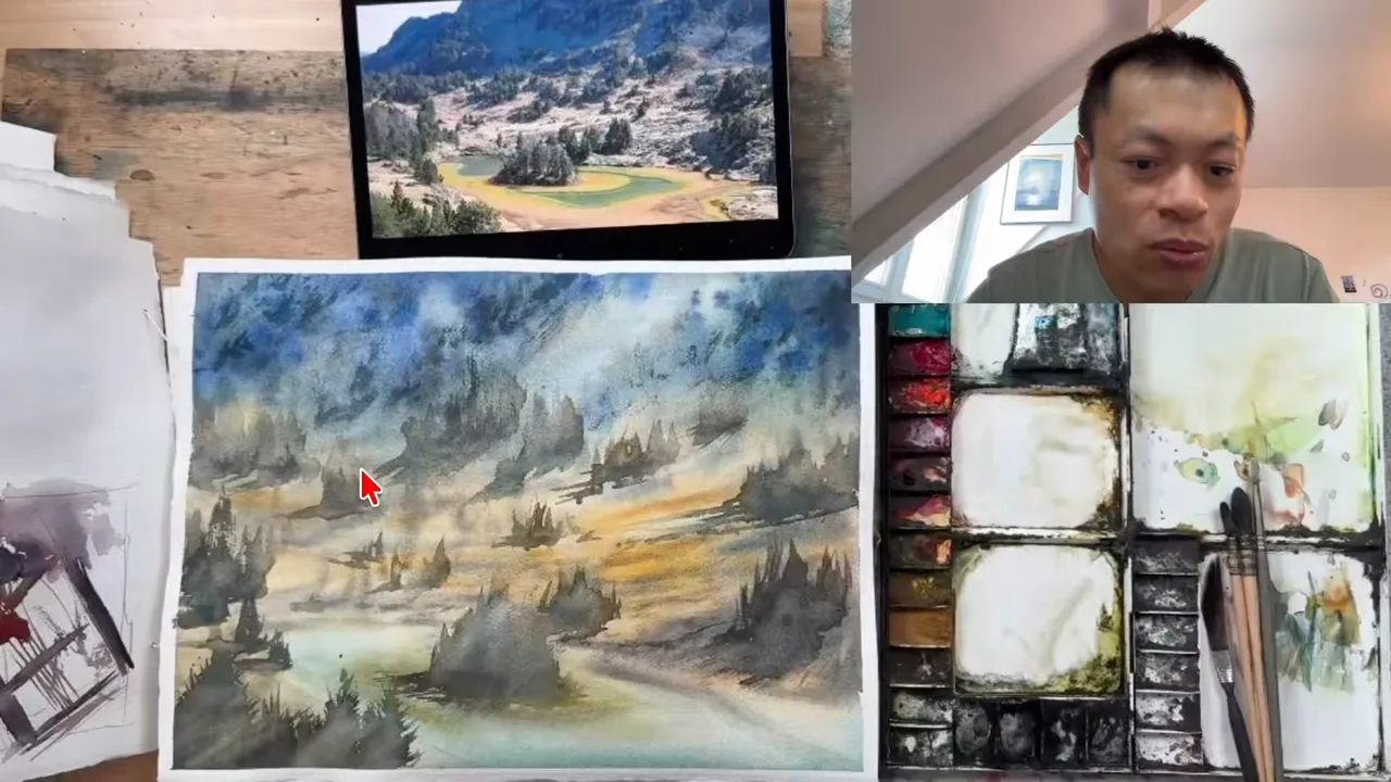 L'aquarelle brumeuse à côté de la photo de référence sur tablette