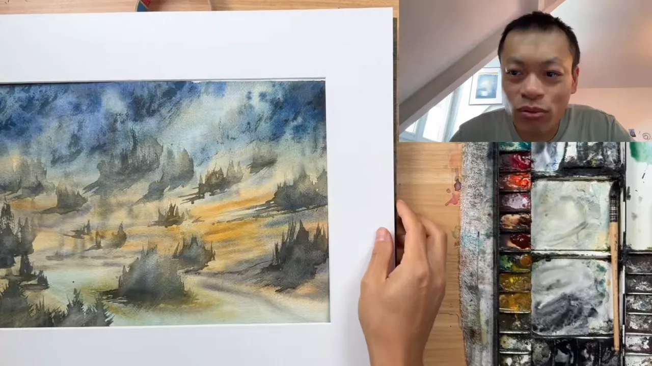 L'aquarelle de campagne terminée, présentée dans un passe-partout