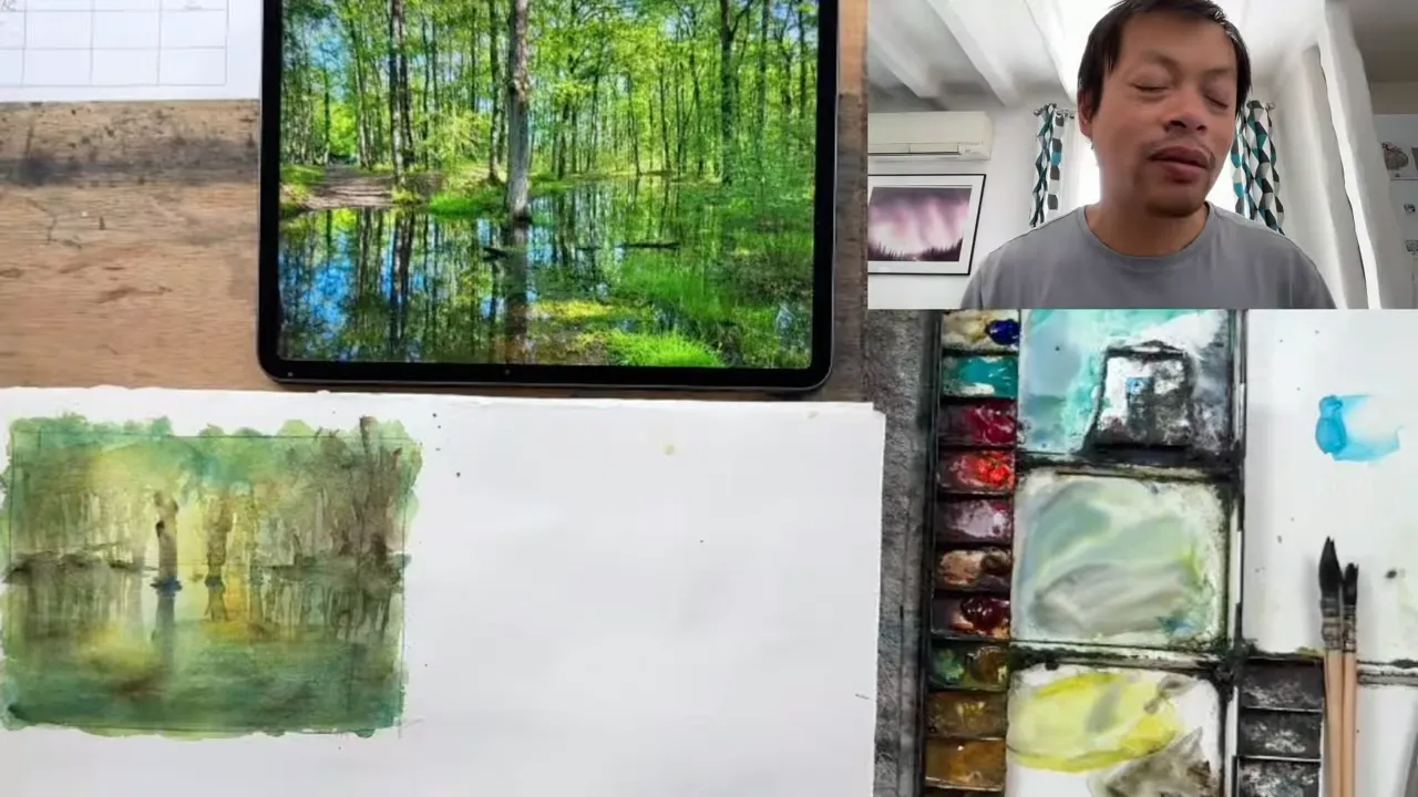 L'aquarelle de forêt avec les arbres ajoutés sur le premier lavis