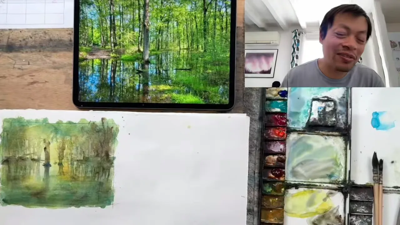 Un lavis de forêt où le feuillage se reflète en miroir