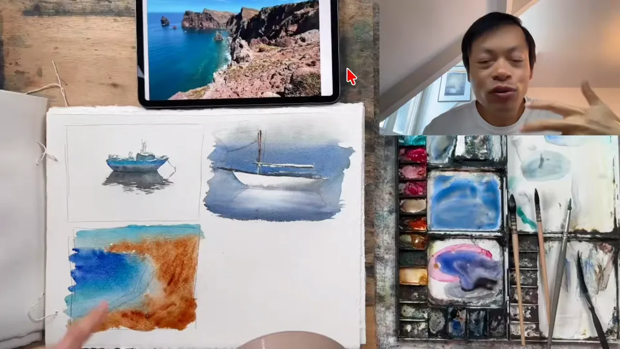 Seascape studies of boats and a turquoise cove under a cliff photo.