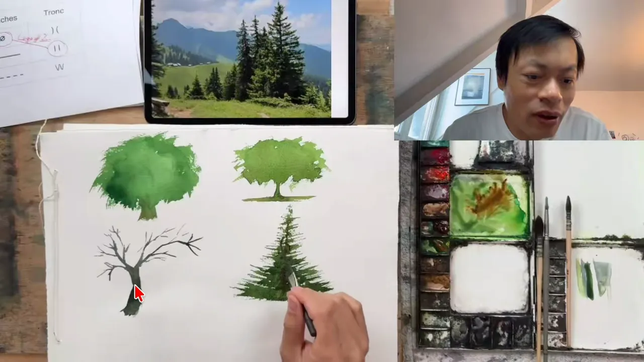 Painting a pine tree beside 2 leafy trees and a dead tree.