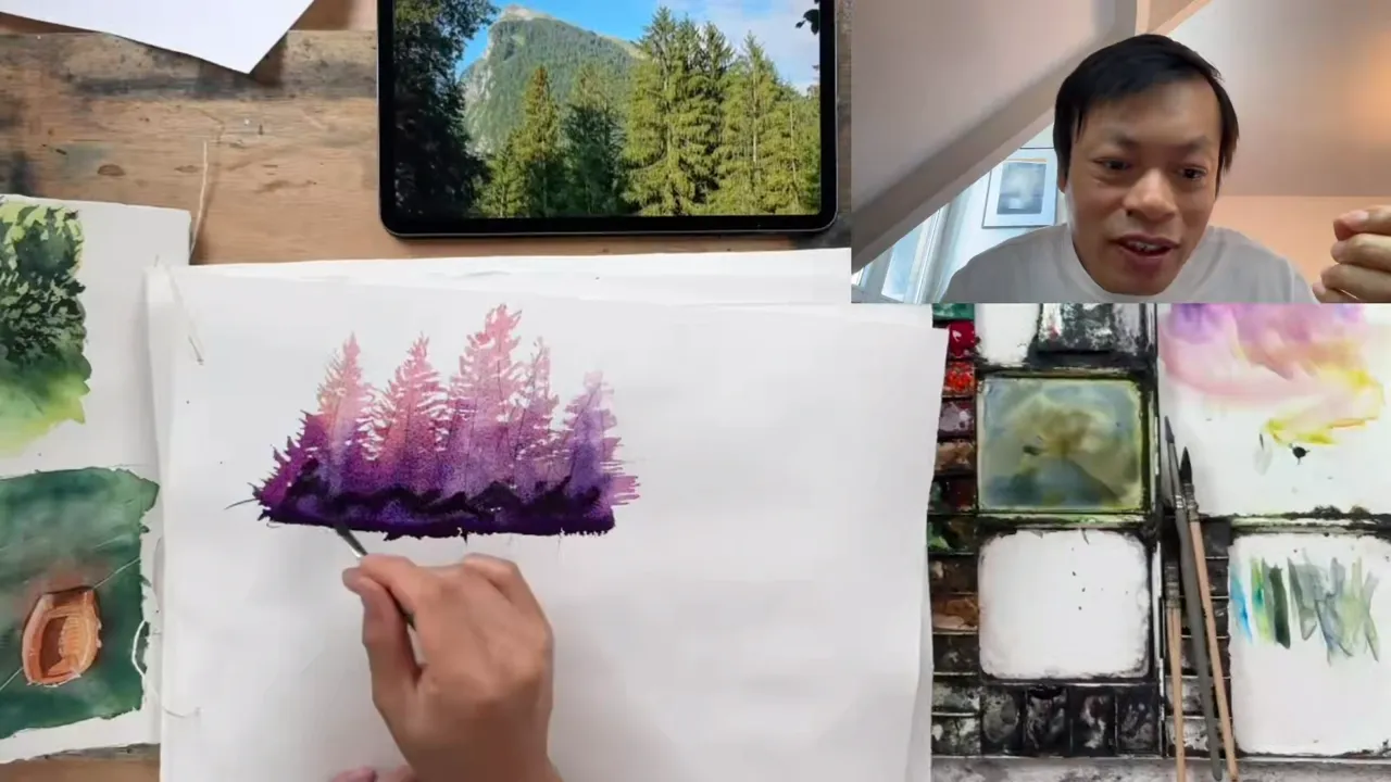 Pine trees painted in purple from a green forest photo.
