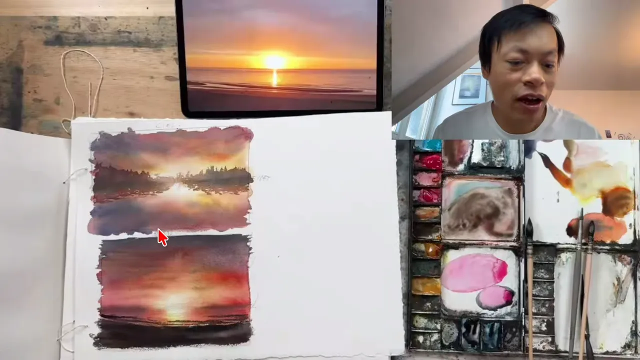 A sunset reference photo next to 2 sunset-on-the-sea studies.