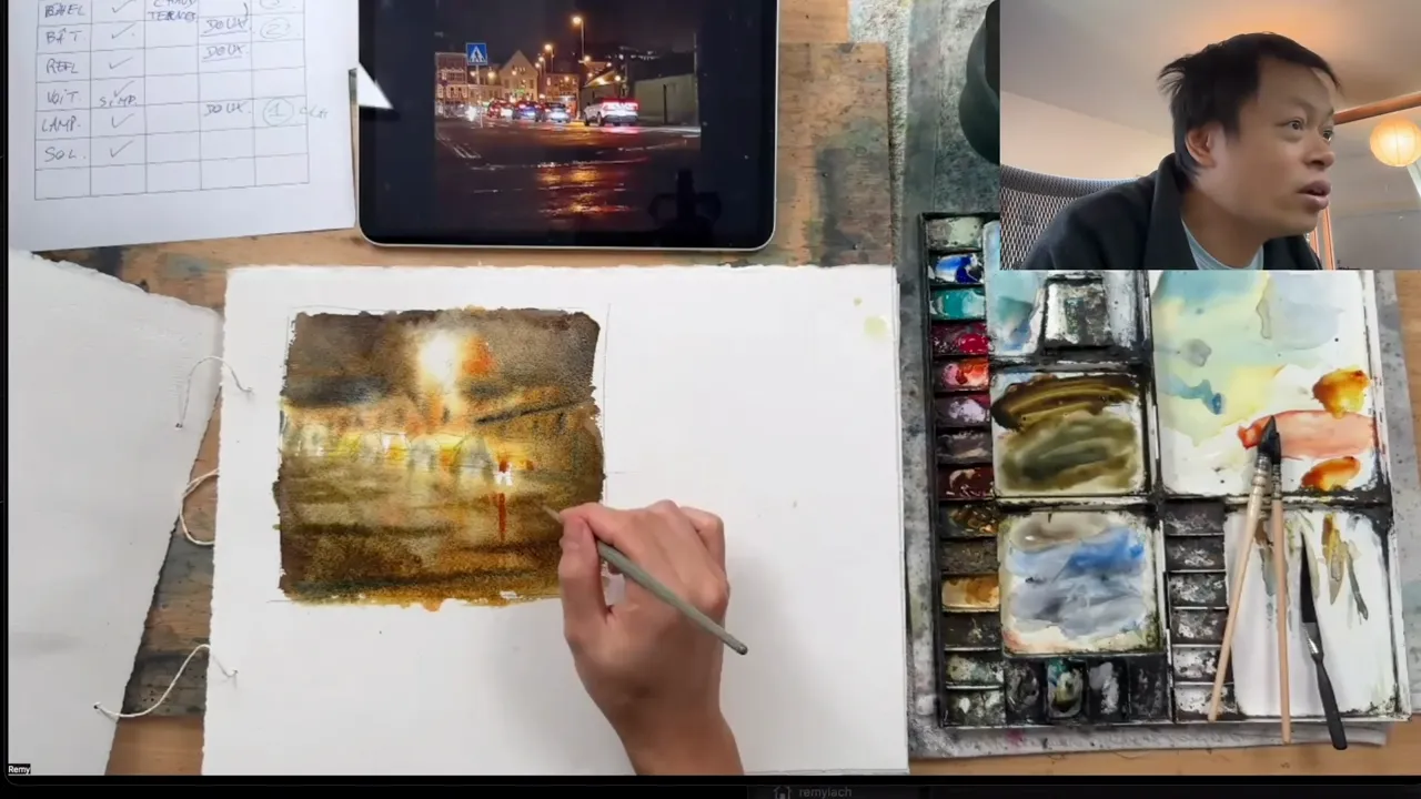 Une aquarelle en cours sur le thème du nocturne sous la pluie