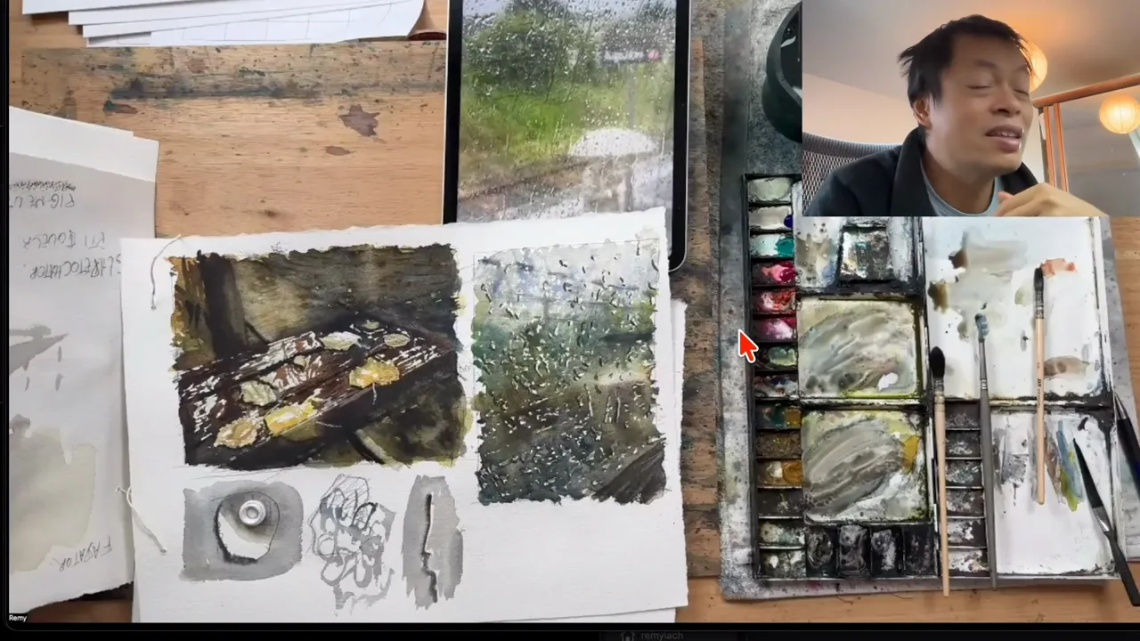 Les aquarelles du banc et des gouttes d'eau sur la vitre