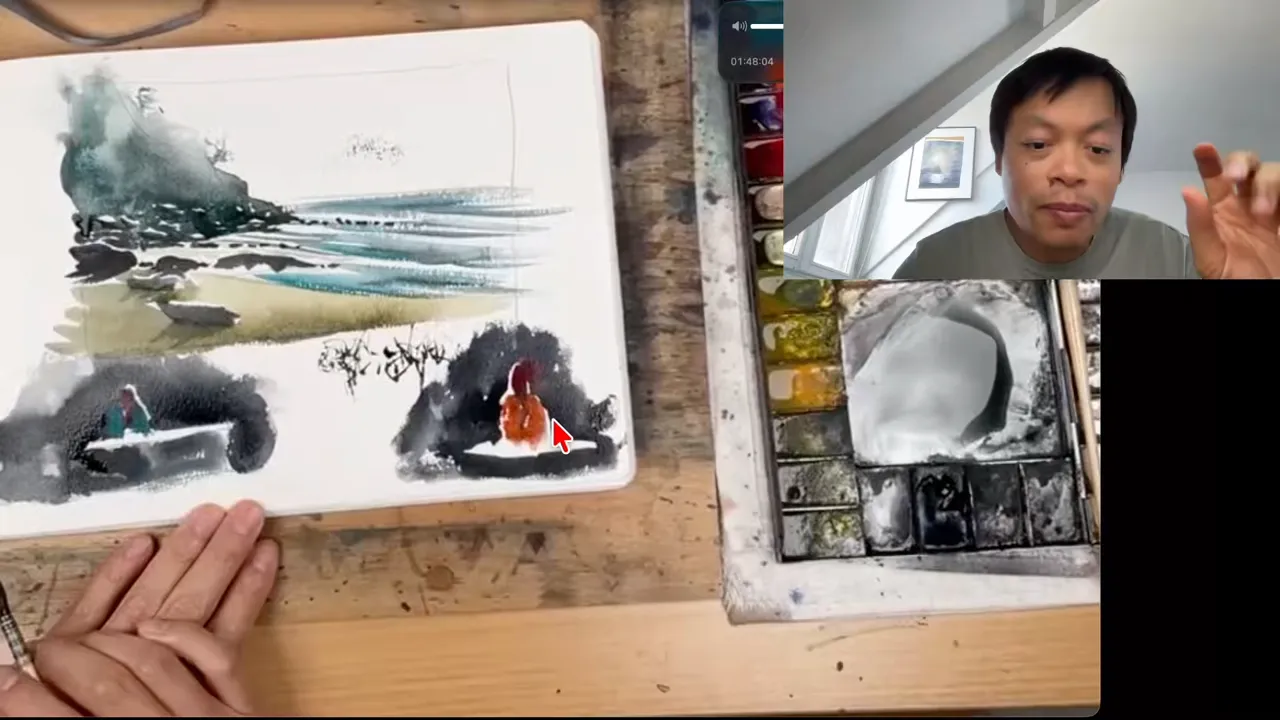 A seascape split into small exercises: sea, waves, sand, rocks.