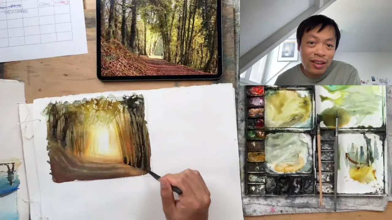 Loose watercolor of a forest path, painted from a student's photo.