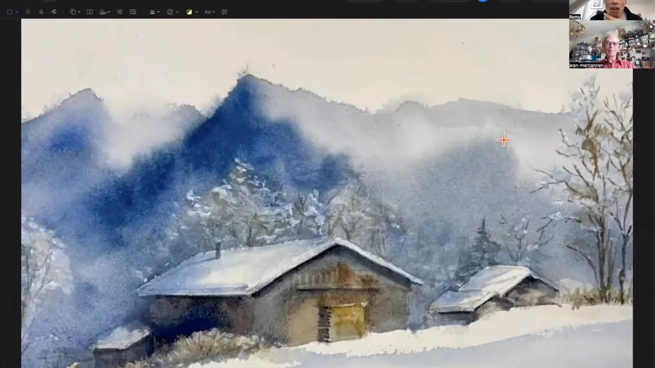 Jean-Marc's mountain chalet, with soft wet-in-wet mountains behind.