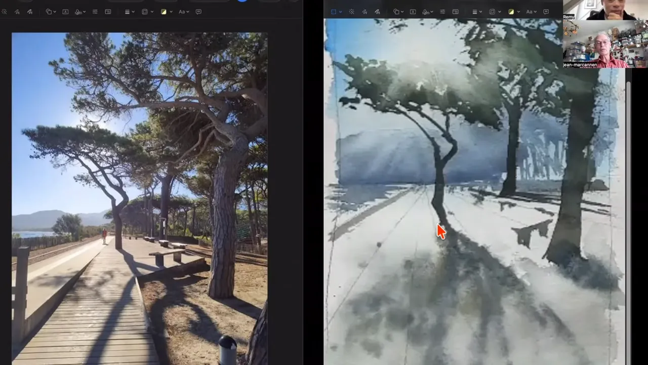 Pine trees and sidewalk: reference photo next to my painted demo.