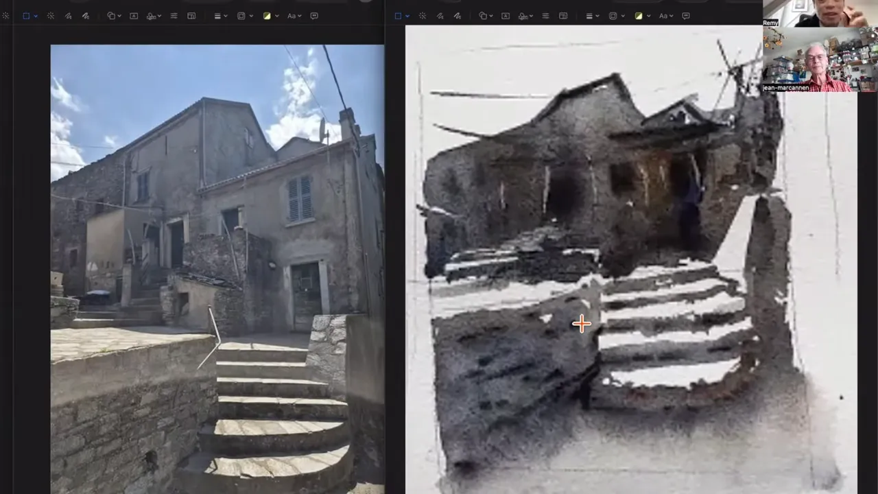 Corsican village house: reference photo beside my quick version of the staircase.