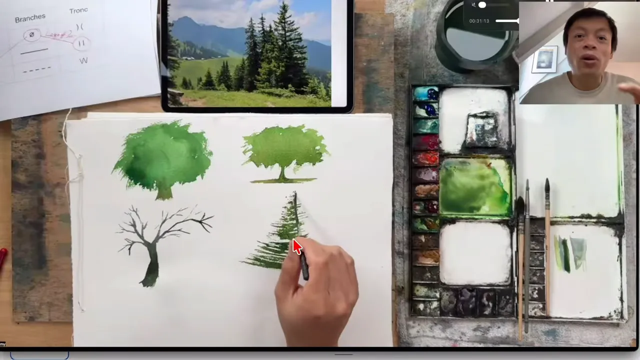 Fir tree painted with a dagger brush next to the trees already painted