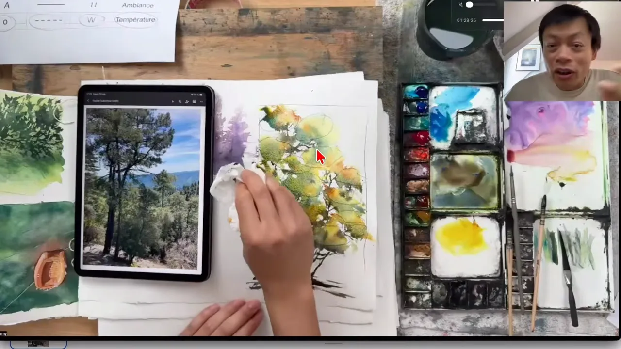 Small o shapes of foliage painted from a photo of pine trees