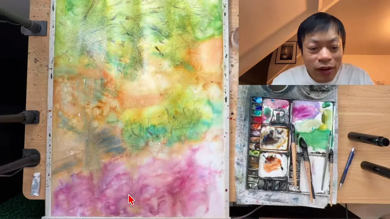 Premier lavis aux couleurs vives, avec un sol violet fusionné