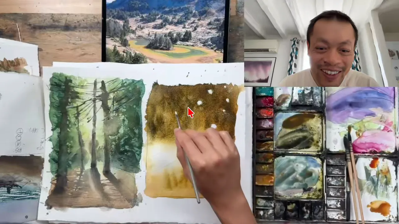 Aquarelle dorée terminée, avec éclairages de nuit à l'aquarelle blanche.
