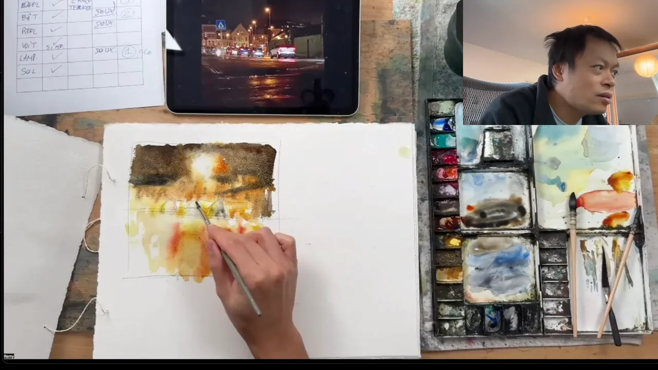 First wash of the night scene, white paper kept for the lights