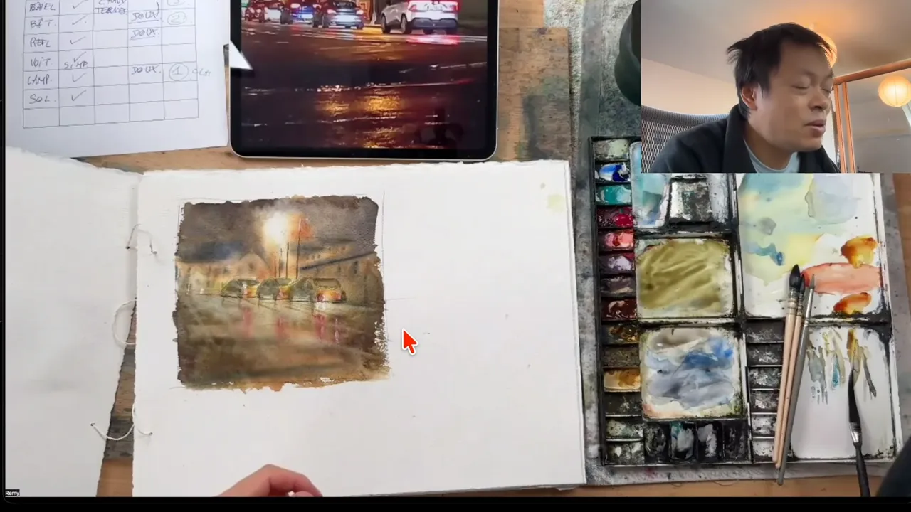 The finished night scene, a street after the rain