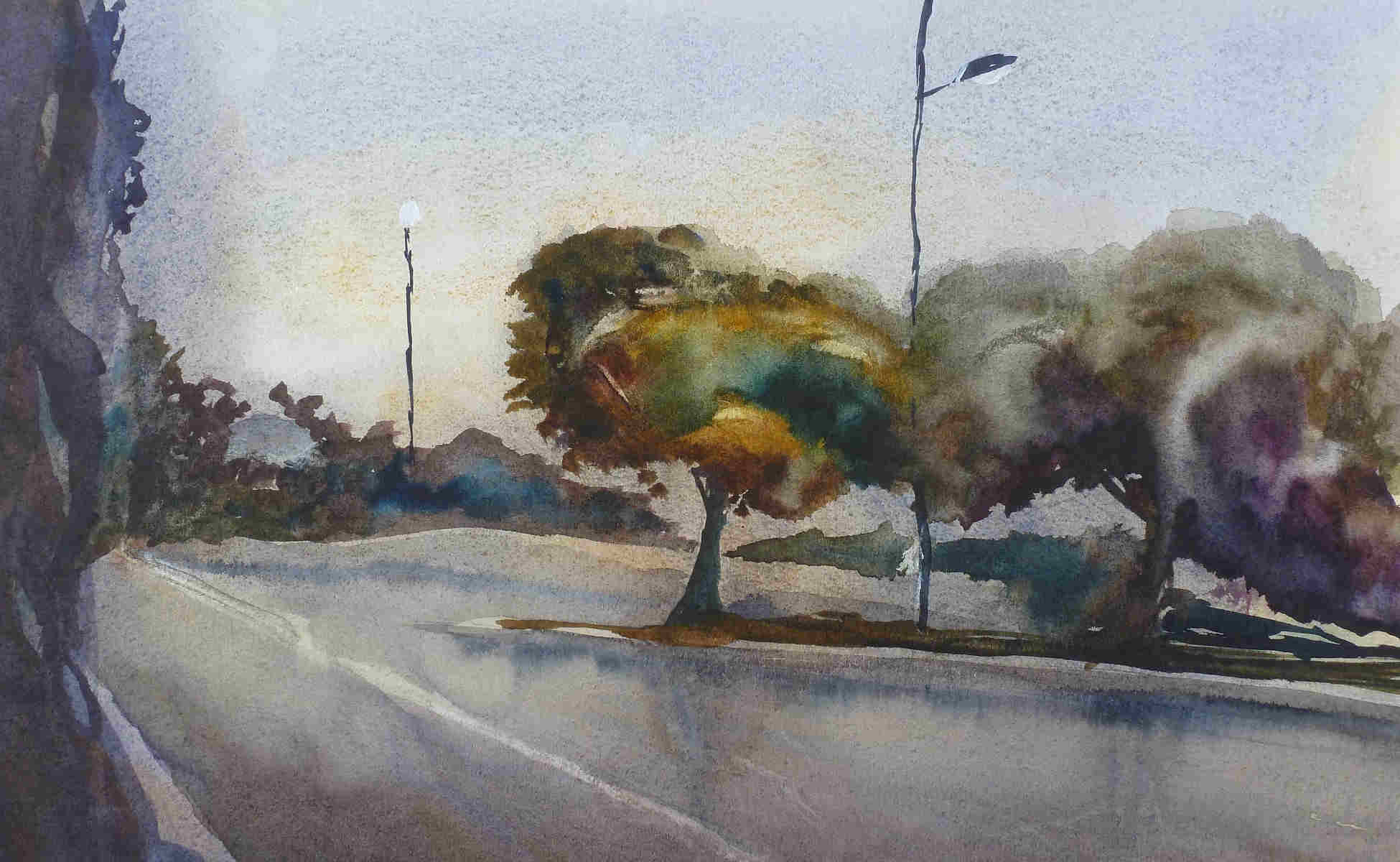 Watercolor painting Remy Lach wet road landscape