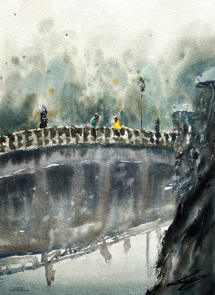 Rencontre sur un pont aquarelle Rémy Lach