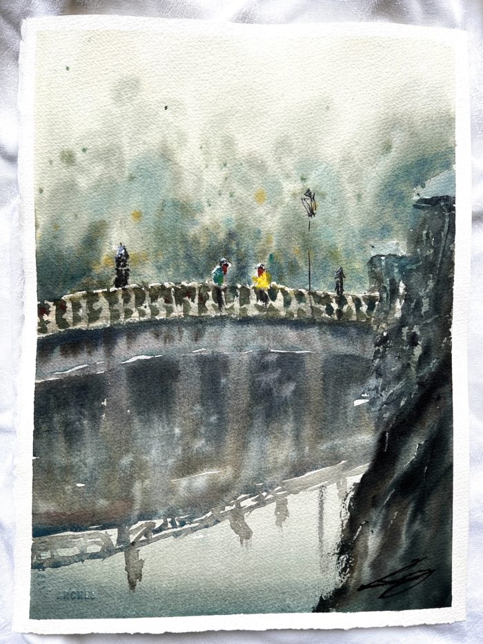 Rencontre sur un pont aquarelle Rémy Lach nue